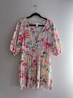 H&M Pink, Yellow & Green Floral V-Neck Mini Dress